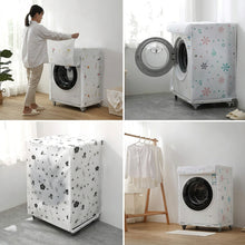 Load image into Gallery viewer, Collage of a washing machine with a floral cover in various settings.

