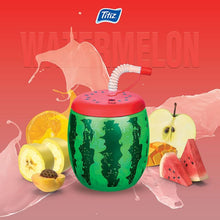 Load image into Gallery viewer, A watermelon-themed drink cup with a red lid, green watermelon print, and a flexible straw, shown with sliced watermelon, banana, apple, and orange on a red background with the word WATERMELON and the Tifliz logo.

