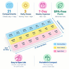 Load image into Gallery viewer, Weekly pill organizer with colorful compartments labeled for each day of the week, shown with dimensions.
