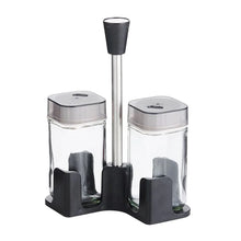 Load image into Gallery viewer, Shakers - Glass Spice seasoning jars Set of 2 with Plastic Lids &amp; Holder on a countertop, compact and stylish design.
