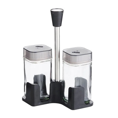 Shakers - Glass Spice seasoning jars Set of 2 with Plastic Lids & Holder on a countertop, compact and stylish design.