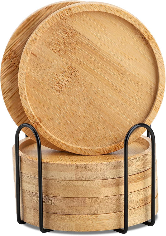 A set of round bamboo coasters with a holder stand.
