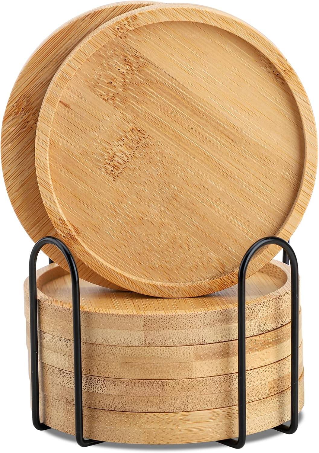 Coasters/Pads - Wooden Coaster - 6 Bamboo Round Coasters with 1 Iron Holder Stand