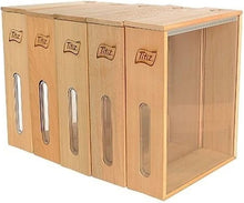 Load image into Gallery viewer, Four light natural wood storage bins with clear plastic window cutouts and a small engraved 'Tfiz' logo on each front panel, shown on a plain white background.
