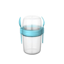 Load image into Gallery viewer, Cups/Mugs/Jars/Jugs - Take'N Go Muesli Cup with Spoon &amp; Fork - 1100 ml in blue with spoon and fork attached.
