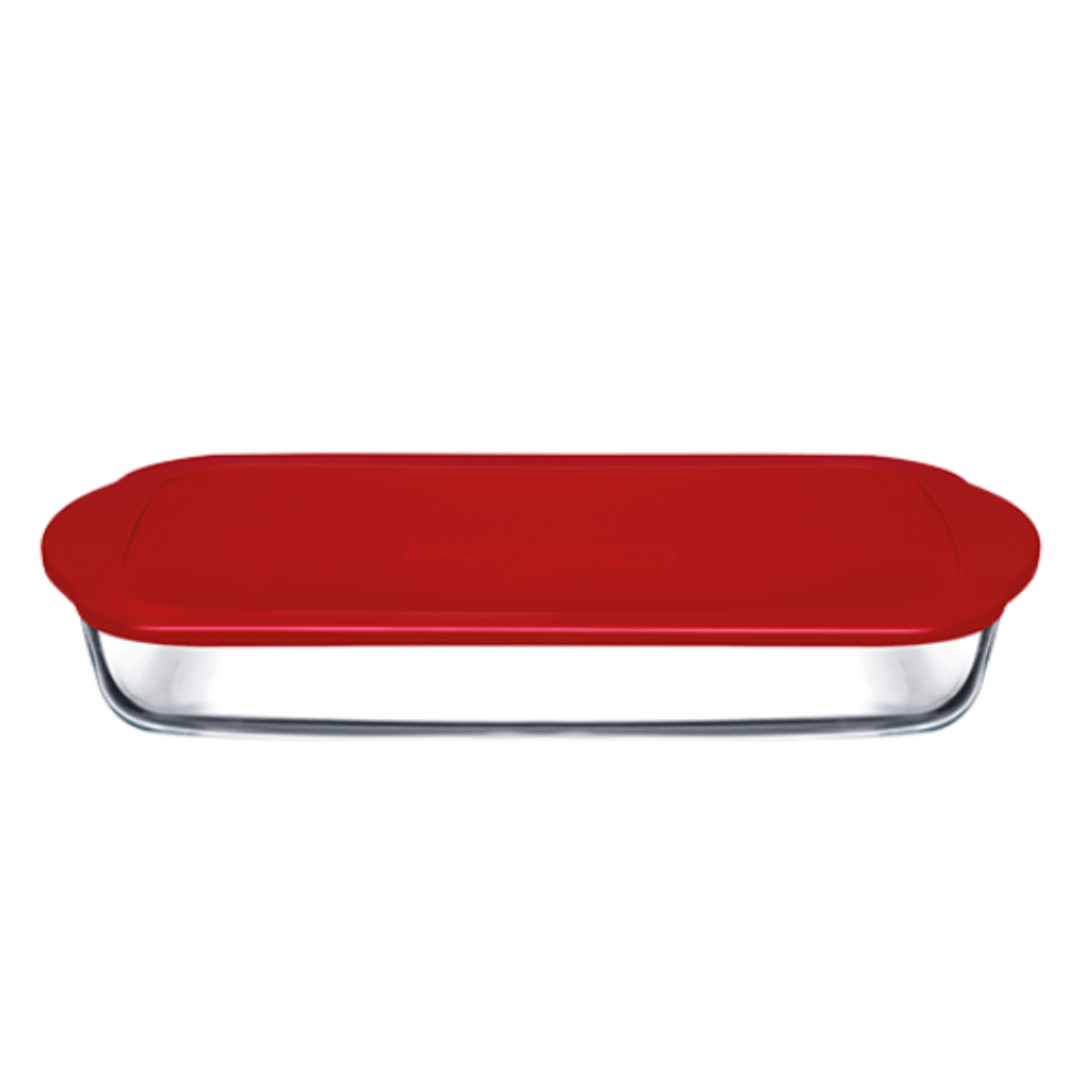 Heat resistant glass tray with red plastic lid, ideal for baking and storage, 1.9 L capacity.