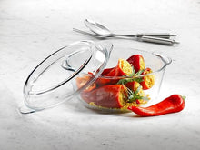تحميل الصورة في عارض المعرض، Heat resistant glass casserole dish with lid, filled with stuffed peppers on a marble countertop.
