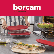 تحميل الصورة في عارض المعرض، Borcam heat-resistant glass trays with red lids for baking and meal prep in a kitchen setting.
