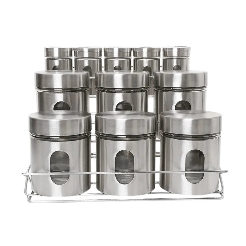Shakers -  Kitchen Canister Set of 11 -  Stainless Steel 3 Tiers Stand with 6 Jars & 5 Salt Shakers with Glass Window For Spices & Grains.