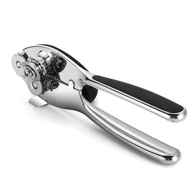 Heavy-duty stainless steel can opener with ergonomic non-slip handle for easy use.