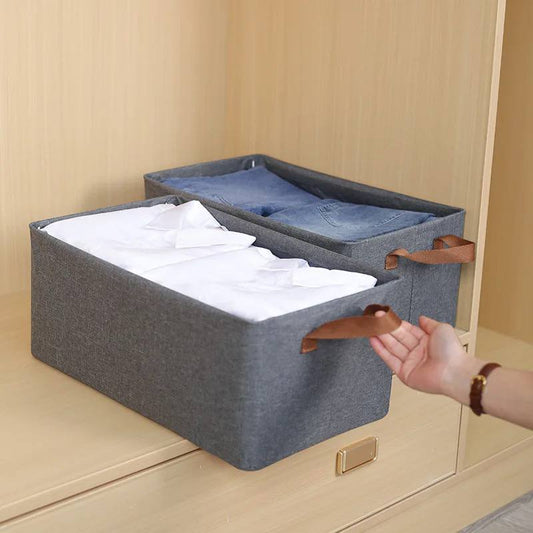 Collapsible Linen Clothes Storage Box with Metal Frame (47x28x20cm) | Foldable Wardrobe Organizer Bin with Handles