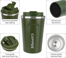 Load image into Gallery viewer, Stainless steel coffee cup with green design, leak-proof seal, silicone bottom, and easy-sipping lid.
