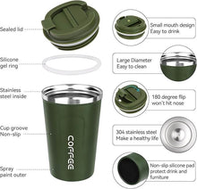 Load image into Gallery viewer, Green stainless steel cup features a sealed lid, silicone ring, and non-slip cup groove for outdoor use.
