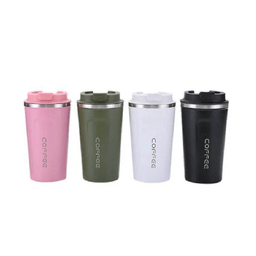Four stylish insulated coffee cups in pink, green, white, and black for hot or cold beverages.