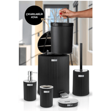 تحميل الصورة في عارض المعرض، Bathroom accessories set featuring a pedal bin, toilet brush, soap dispenser, and cups in sleek black design.
