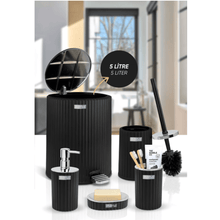 تحميل الصورة في عارض المعرض، Bathroom accessories set featuring silver and black items, including a pedal waste bin, soap dispenser, and toilet brush.
