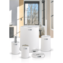 تحميل الصورة في عارض المعرض، Elegant 5-piece bathroom accessories set in white, including waste bin, soap dispensers, toilet brush holder, and cup.
