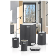 تحميل الصورة في عارض المعرض، Elegant 5-piece bathroom accessories set in grey featuring waste bin, toilet brush, and soap dispensers.
