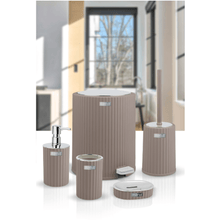 تحميل الصورة في عارض المعرض، Elegant 5-piece bathroom accessories set in beige with pedal waste bin, soap dispenser, toothbrush holder, and toilet brush.
