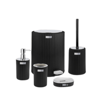 تحميل الصورة في عارض المعرض، 5-piece black bathroom accessories set with silver accents, including waste bin, toilet brush, and soap dispensers.
