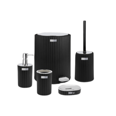 5-piece black bathroom accessories set with silver accents, including waste bin, toilet brush, and soap dispensers.