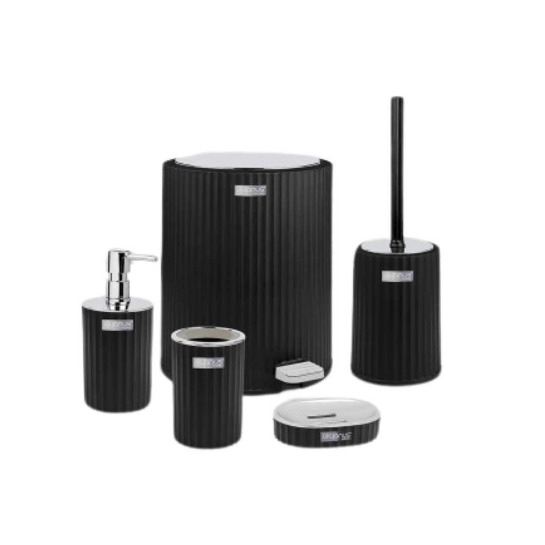 5-piece black bathroom accessories set with silver accents, including waste bin, toilet brush, and soap dispensers.
