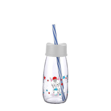 Child-friendly glass milk bottle with straw, featuring cute animal design and compact size for easy hydration.