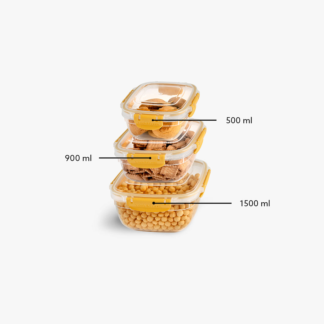 Food Storage Containers - Plastic Sealed Square Set of 3 (500 - 900 - 1500 ml )