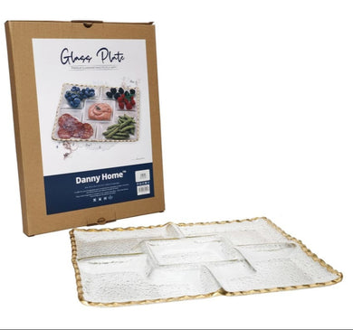 Sophisticated glass serving platter with golden rim, designed for snacks, salad, and desserts, dimensions 33.5 x 25.5 cm.