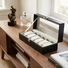Load image into Gallery viewer, Makeup, Jewelry &amp; accessories Organizers - PU Leather Watch Display Case with Glass Lids and Removable Pillow - 6 Grids
