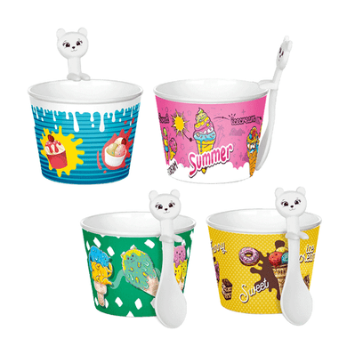 Colorful ice cream serving set with four cups and matching spoons featuring fun designs and playful colors.