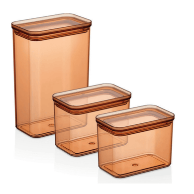 Airtight acrylic food storage container set, three sizes, modern design for kitchen organization.