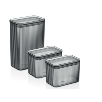 Airtight acrylic food storage container set with three clear containers in varying sizes, ideal for kitchen organization.