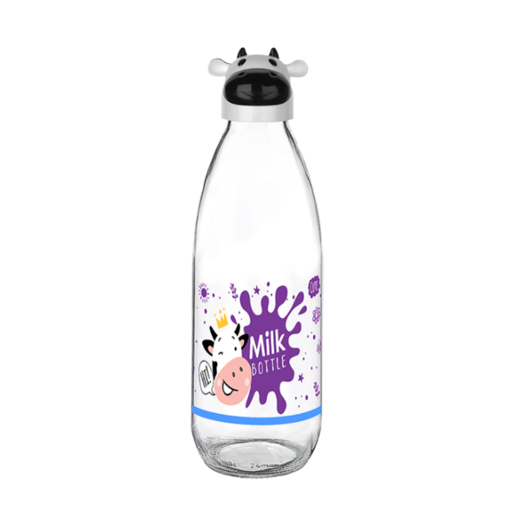 Glass Milk Bottle with Cow Lid - 1 Lt. Glass Bottle