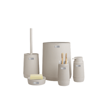 تحميل الصورة في عارض المعرض، Nida 5-piece bathroom accessories set in beige, including waste bin, toilet brush, soap dispensers, and toothbrush holder.
