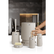 تحميل الصورة في عارض المعرض، Elegant 5-piece bathroom accessories set including waste bin, toilet brush, soap dispensers, and toothbrush holder.
