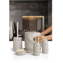 تحميل الصورة في عارض المعرض، Stylish 5-piece bathroom accessories set including waste bin, toilet brush, soap dispensers, and toothbrush holder.

