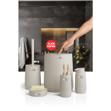تحميل الصورة في عارض المعرض، 5-piece bathroom accessories set in neutral colors, including a waste bin, toilet brush, and soap dispensers for stylish organization.

