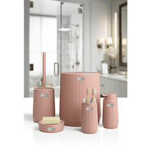 تحميل الصورة في عارض المعرض، Elegant 5-piece bathroom accessories set in blush pink, featuring a waste bin, toilet brush, and soap dispensers.
