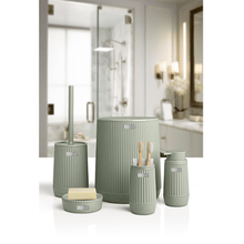 تحميل الصورة في عارض المعرض، Elegant 5-piece bathroom accessories set in soft green, includes waste bin, toilet brush, soap dispensers, and toothbrush holder.
