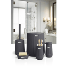 تحميل الصورة في عارض المعرض، Elegant 5-piece bathroom accessories set including waste bin, toilet brush, soap dispensers, and cup in stylish solid frame.
