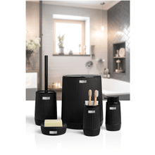 تحميل الصورة في عارض المعرض، Stylish 5-piece black bathroom accessories set with waste bin, toilet brush, and soap dispensers.
