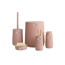 تحميل الصورة في عارض المعرض، Elegant 5-piece bathroom accessories set in soft pink, featuring a waste bin, toilet brush, soap dispensers, and toothbrush holder.
