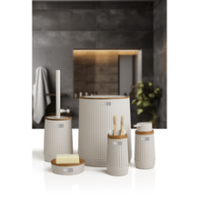 تحميل الصورة في عارض المعرض، Elegant 5-piece bathroom accessories set in a wooden frame, featuring a waste bin, toilet brush, soap dispensers, and toothbrush holder.
