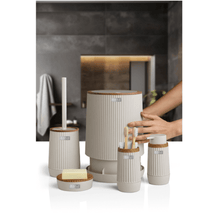 تحميل الصورة في عارض المعرض، Elegant 5-piece bathroom accessories set with wooden frame, including waste bin, toilet brush, and soap dispensers.
