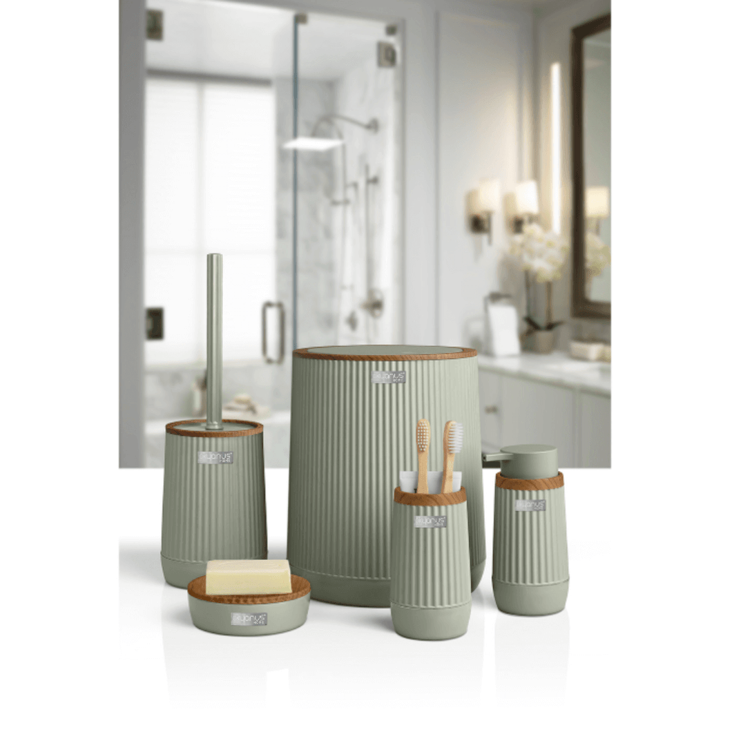 Elegant 5-piece bathroom accessories set with wooden accents in a stylish green design for modern bathrooms.