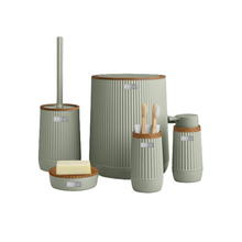تحميل الصورة في عارض المعرض، Elegant 5-piece bathroom accessories set in muted green, featuring a waste bin, toilet brush, and soap dispensers.
