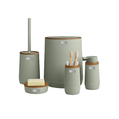 Elegant 5-piece bathroom accessories set in muted green, featuring a waste bin, toilet brush, and soap dispensers.