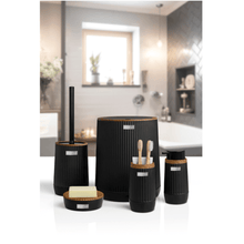تحميل الصورة في عارض المعرض، 5-piece bathroom accessories set in black with wooden accents, including bin, toilet brush, and soap dispensers.
