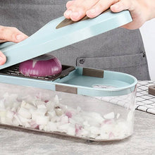 Load image into Gallery viewer, 3 Blades Vegetables Slicer | Professional Manual Chopper in use, slicing onions with ease and safety.
